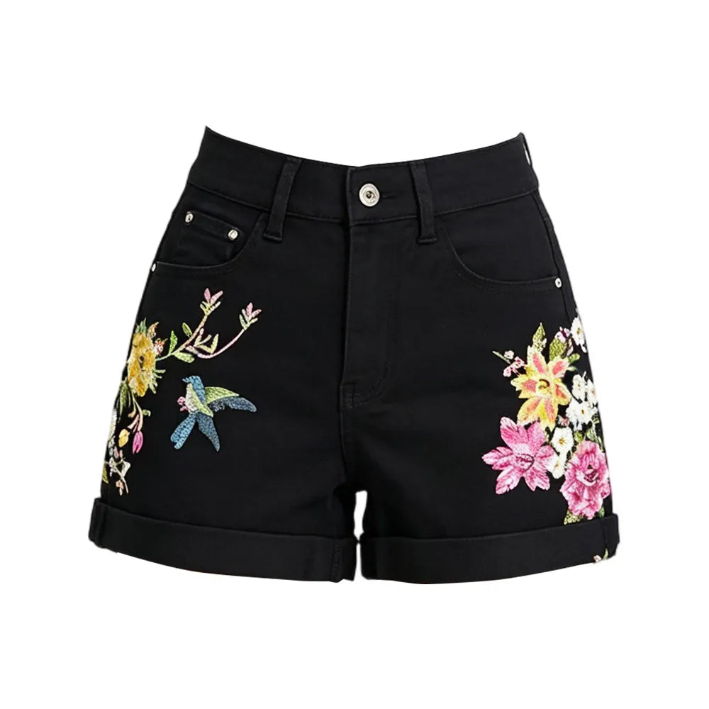 Boho Floral Bird Embroidered Denim Shorts