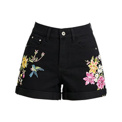 Boho Floral Bird Embroidered Denim Shorts