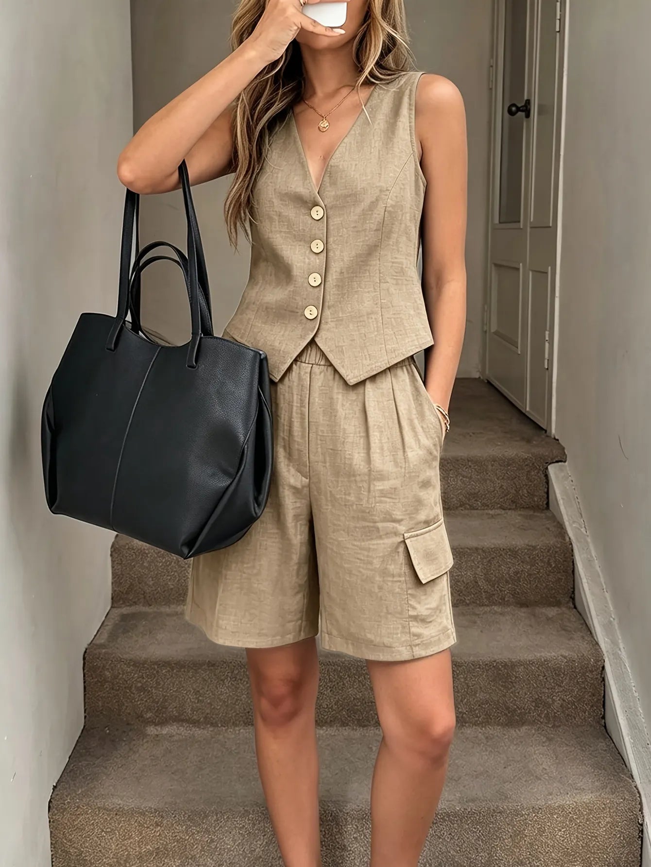 V-Neck Button Vest & Cargo Pocket Shorts Casual Two-Piece Set