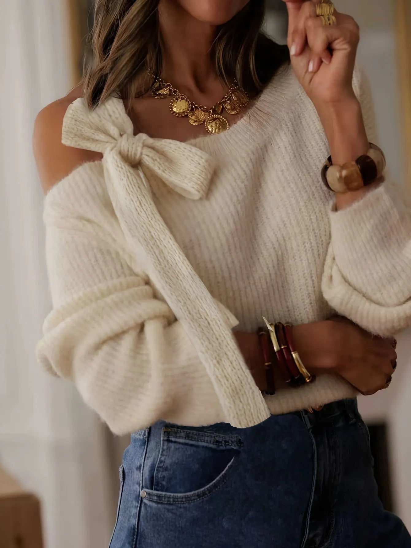 Elegant Cold Shoulder Bow Knit Top, Relaxed Fit Long Sleeve Cream Sweater