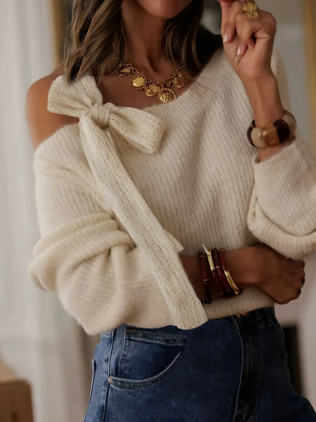 Elegant Cold Shoulder Bow Knit Top, Relaxed Fit Long Sleeve Cream Sweater