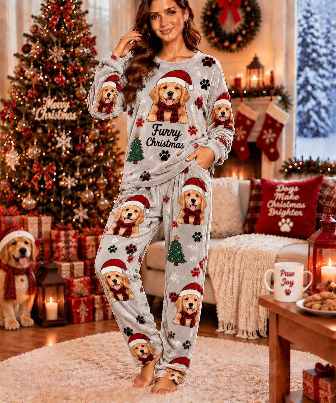 Cute Christmas Snowman Fleece Loungewear Set Round Neck Long Sleeve Top & Elastic Waist Full Length Pants