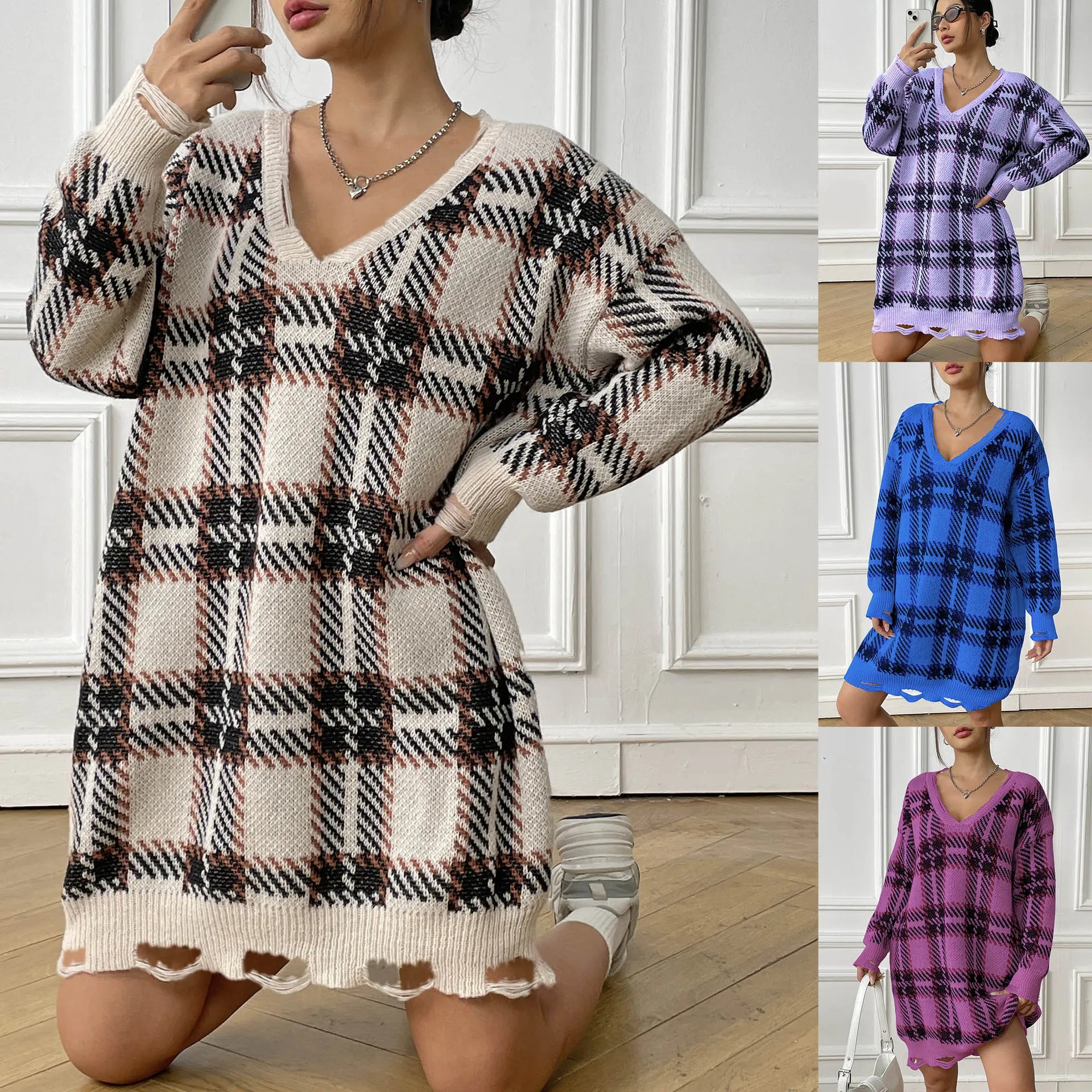 Plaid V-Neck Oversized Sweater Dress