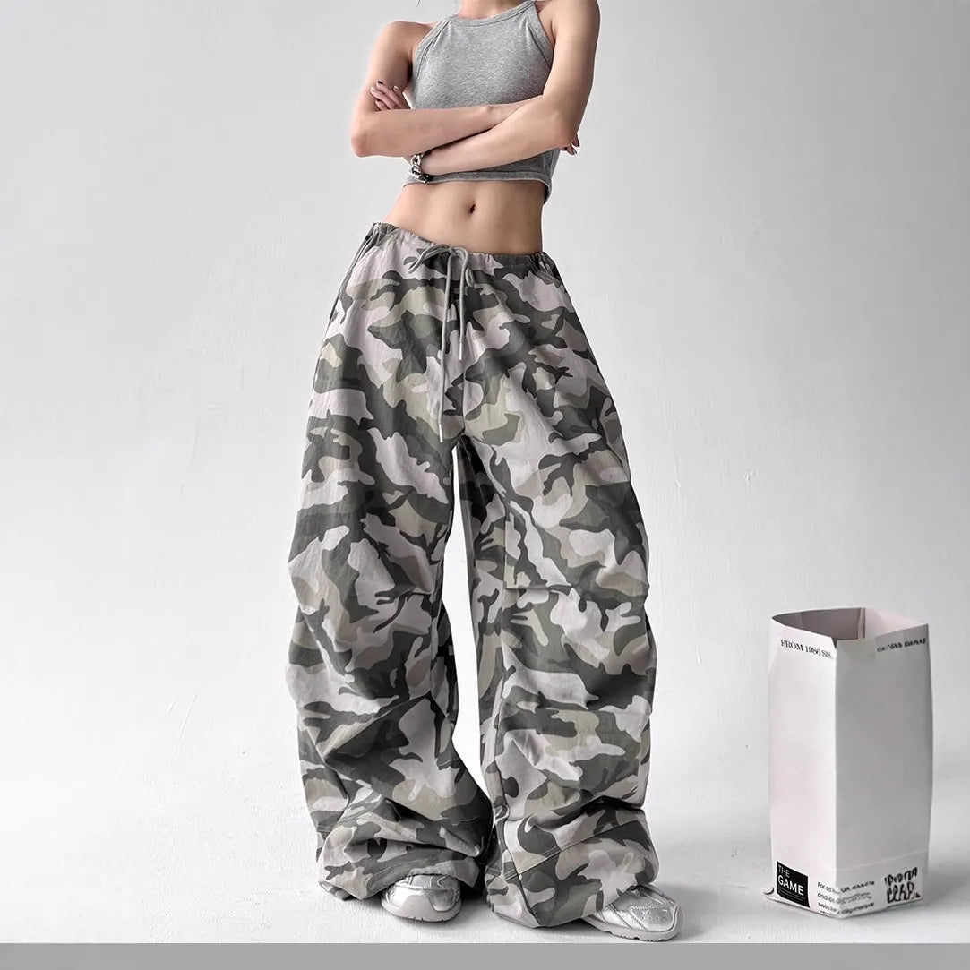 Printed Flare Work Pants | High Waist Camo Print Drawstring Wide Leg Hip Hop Cargo Trousers