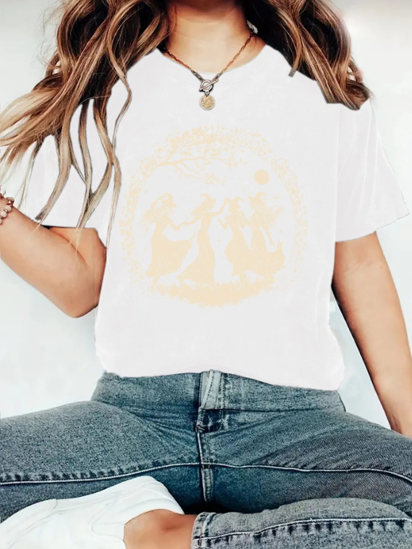Halloween Witch Moon Floral Print Crew Neck Short Sleeve T‑Shirt