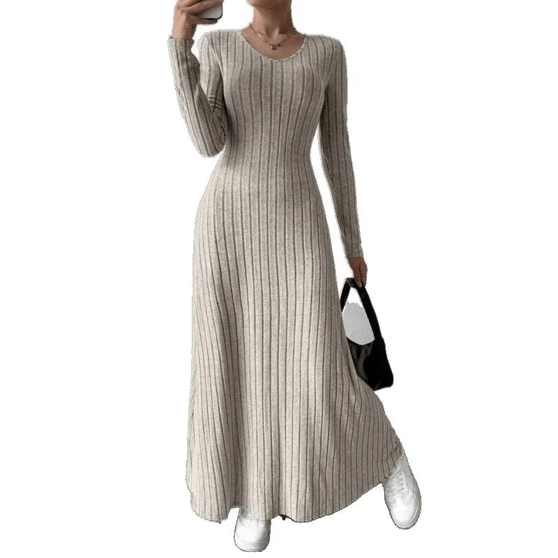 Round Neck Long Sleeve Ribbed Knit Slim A-Line Maxi Dress