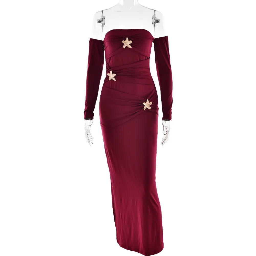 One-Shoulder Ruched Maxi Dress with Rhinestone Embellishments