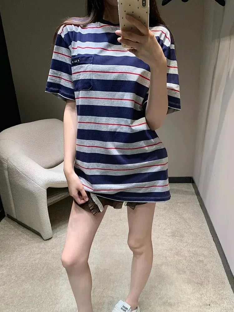Round Neck Multi-Color Stripe Loose Short Sleeve Cotton T-Shirt