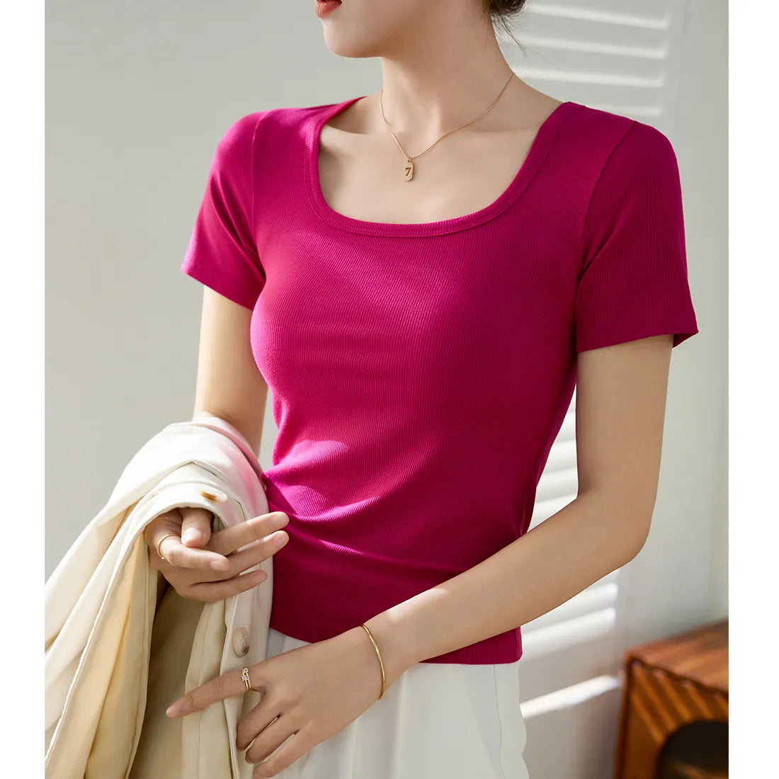 Square Neck Ribbed Short Sleeve T-Shirt,