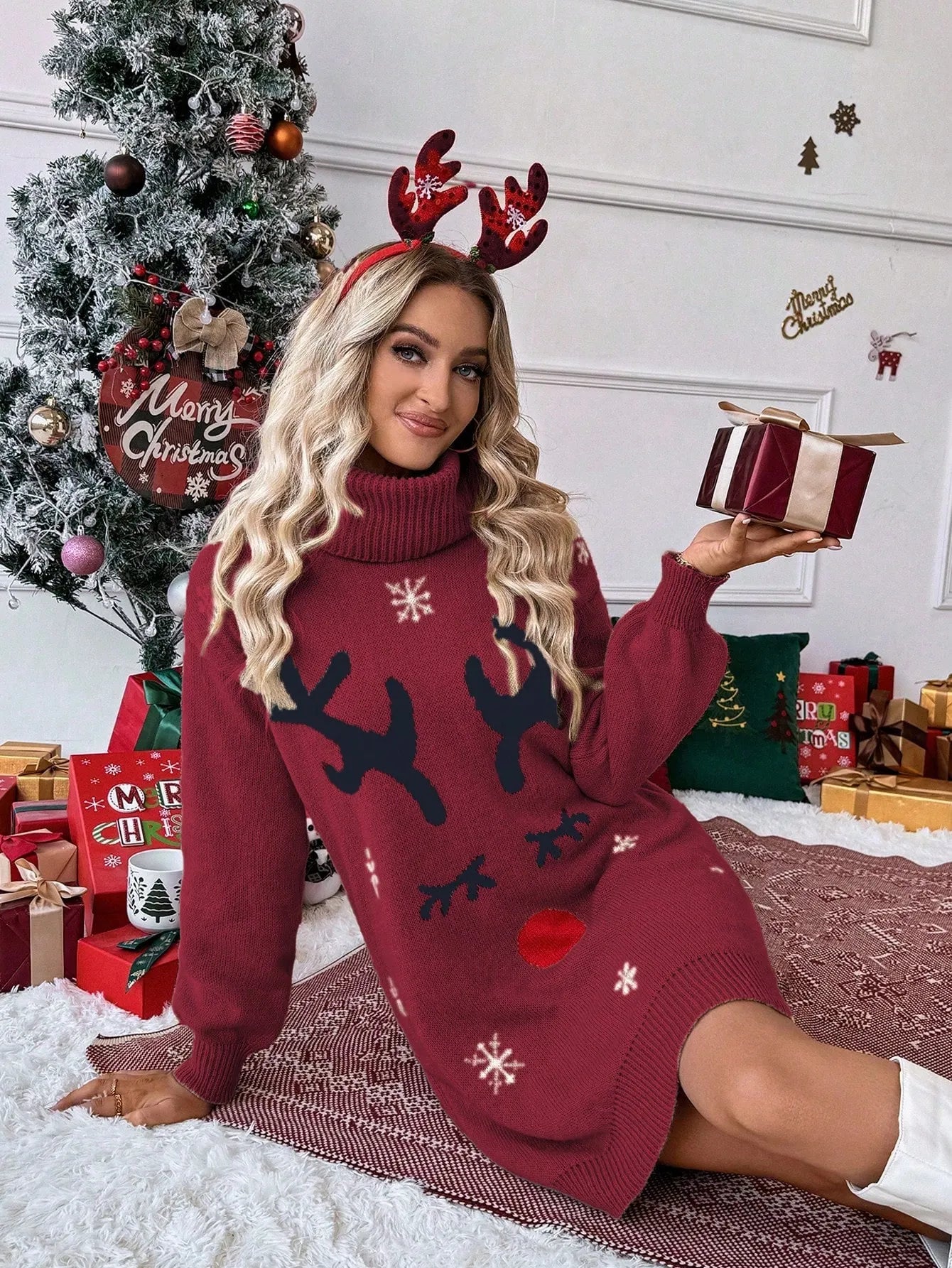 Turtleneck Reindeer Snowflake Christmas Knit Sweater Dress