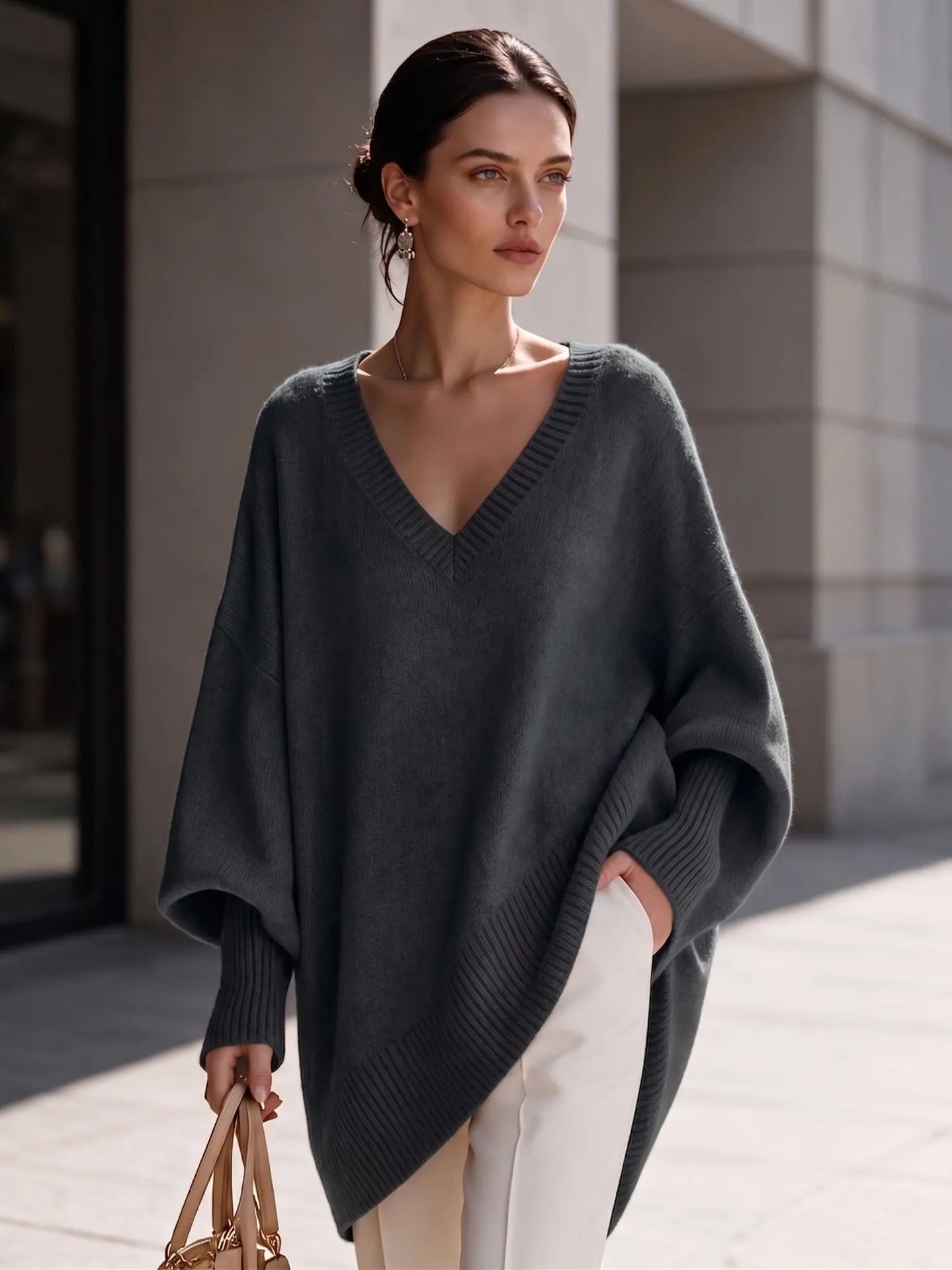 Dusty Pink Oversized V Neck Tunic Sweater, Batwing Long Sleeve Soft Knit Top