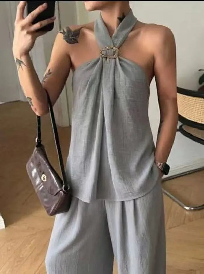 Linen Halter Top Wide Leg Pants Matching Two Piece Set