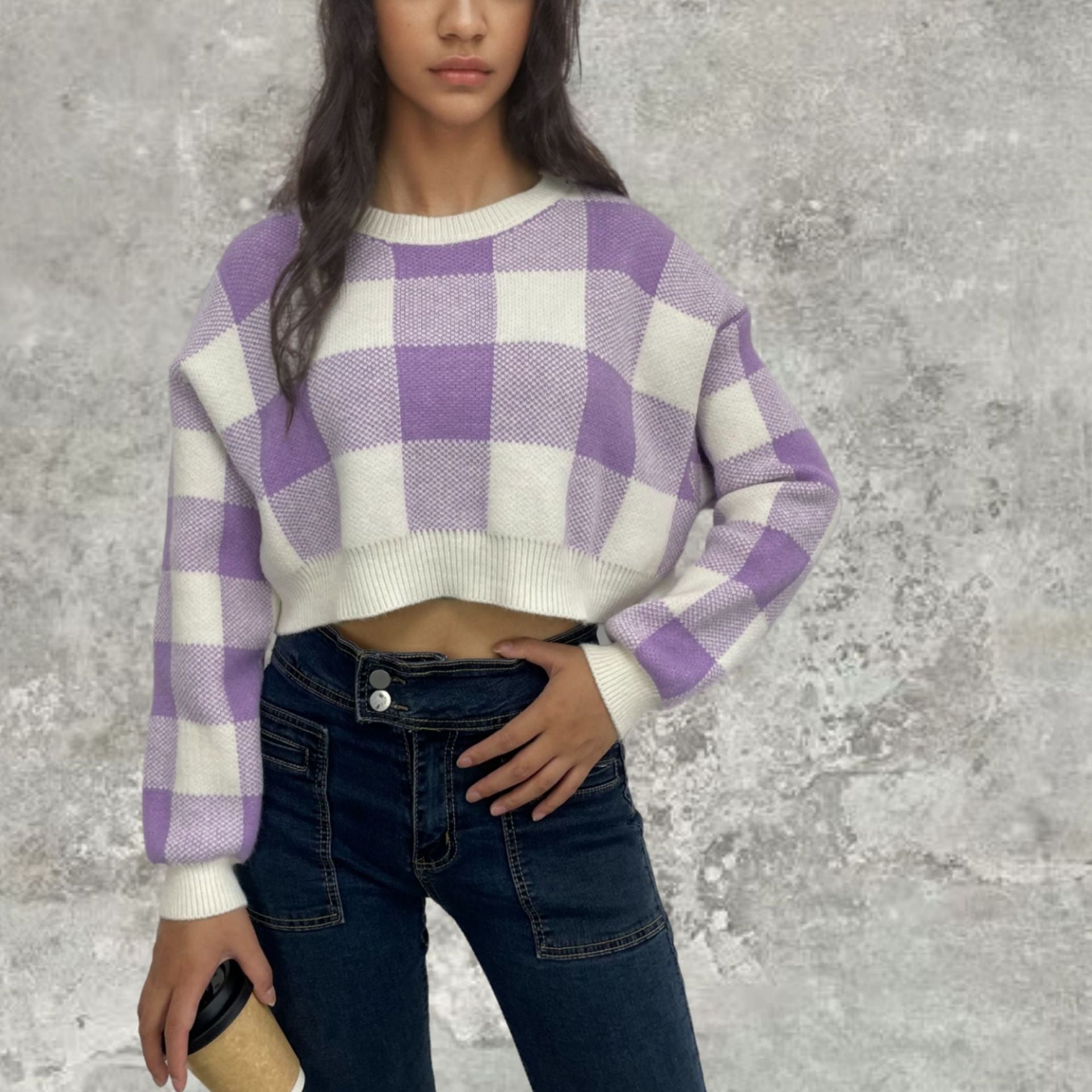 Pink White Plaid Round Neck Cropped Pullover Sweater