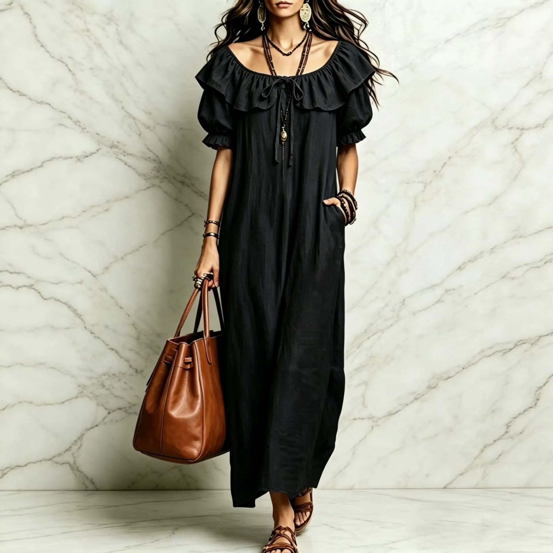 Ruffle Neck Puff Sleeve Maxi Dress