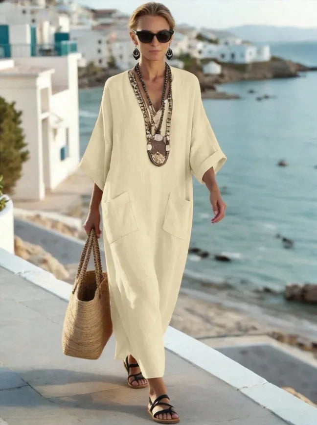 V Neck Seven-Quarter Sleeve Pocket Side Slit Loose Woven Maxi A-Line Dress
