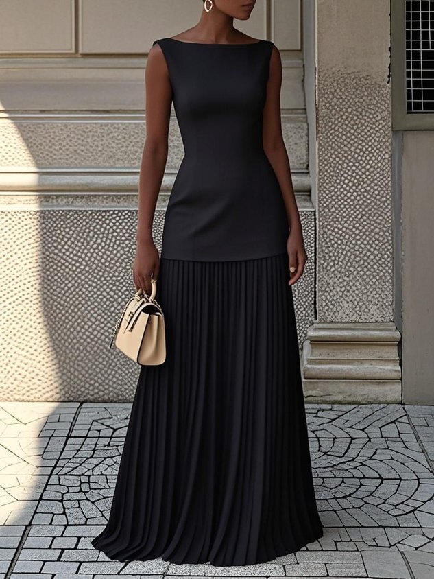 Solid Boat-Neck Top & Pleated Maxi Skirt Two-Piece Set