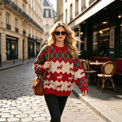 Christmas Reindeer Argyle Knit Sweater, Vintage Fair Isle Crew Neck Oversized Pullover Jumper