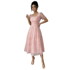Solid Square Neck Ruffle Short Sleeve 3D Floral Embroidery High Waist A-Line Midi Dress