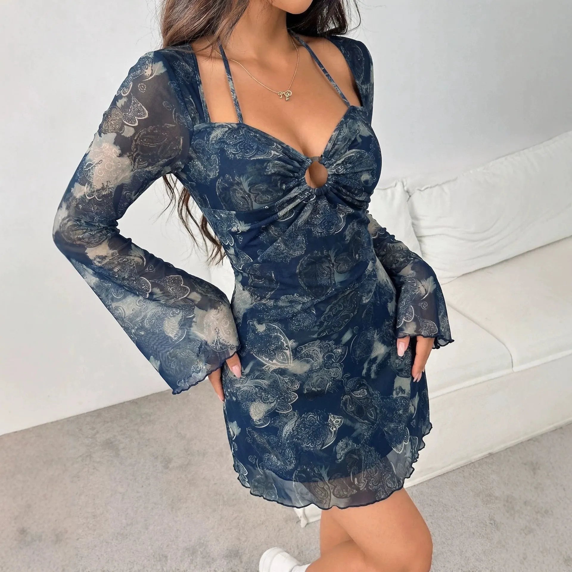 Dark Blue Floral Mesh Mini Dress | Halter Tie Cutout Long Flare Sleeve Bodycon Dress