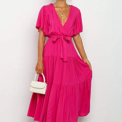 V Neck Flutter Short Sleeve Belted Tiered Maxi Swing Dress