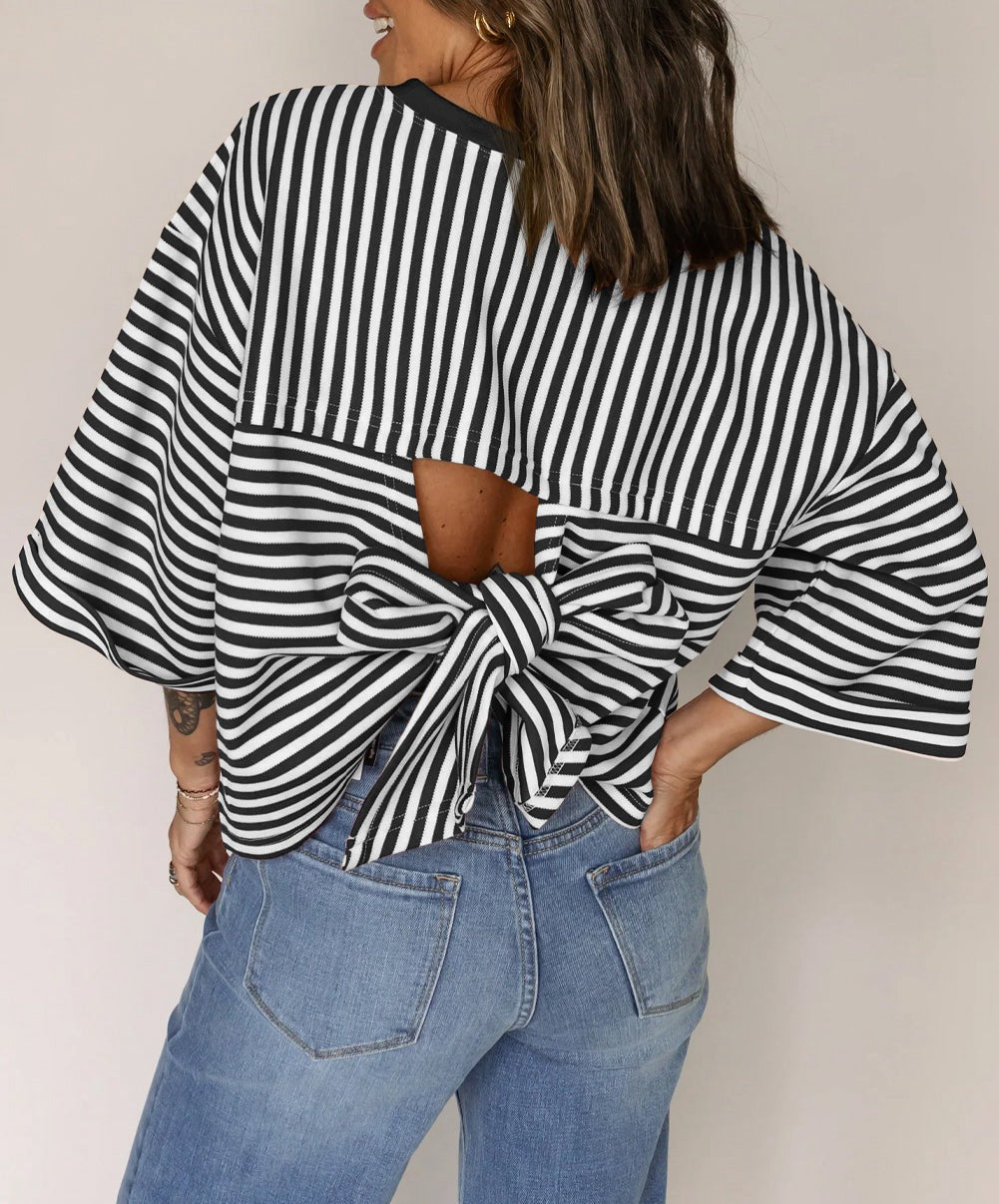 Crew Neck Horizontal Striped Loose Short Horn Sleeve Casual T-Shirt