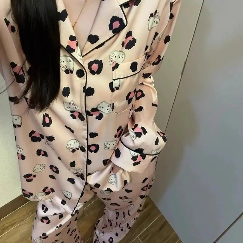 Cute Kitty Leopard Print Satin Ladies Sleepwear, 2 Piece Long Sleeve Top & Pants Pajamas