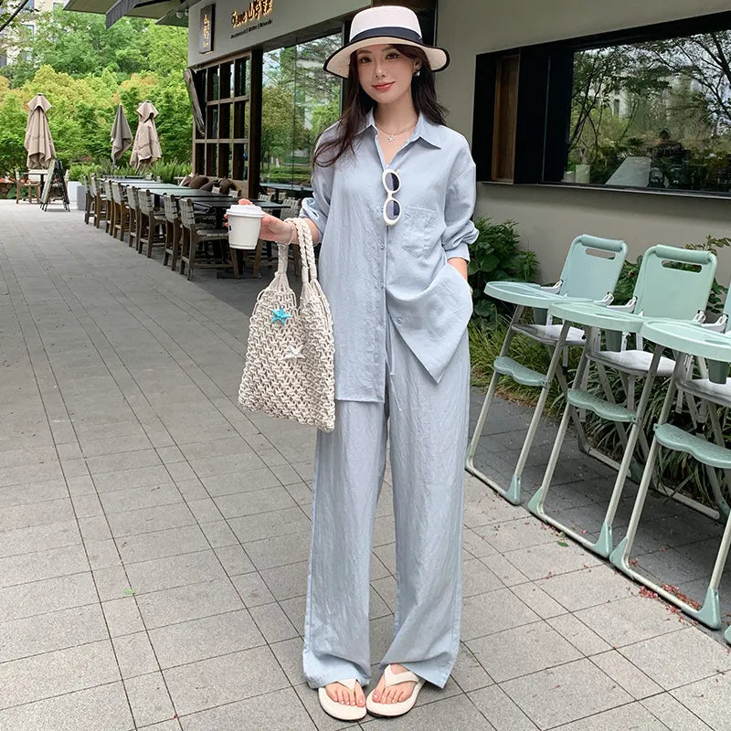 Oversized Long Sleeve Shirt Drawstring Shorts / Pants 2 Piece Casual Suit