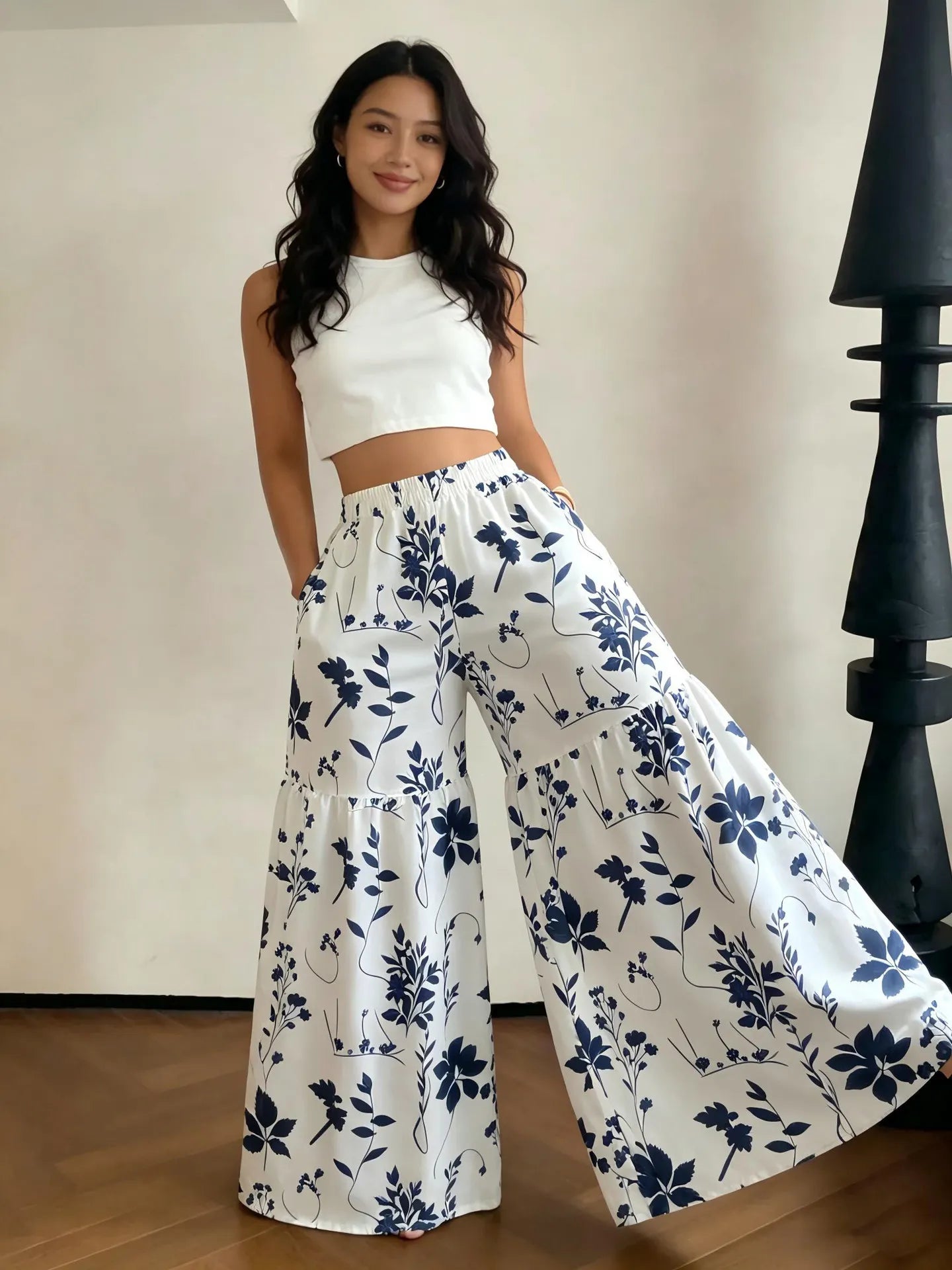 Elastic High Waist Floral Print Ruffle Wide Leg Palazzo Pants