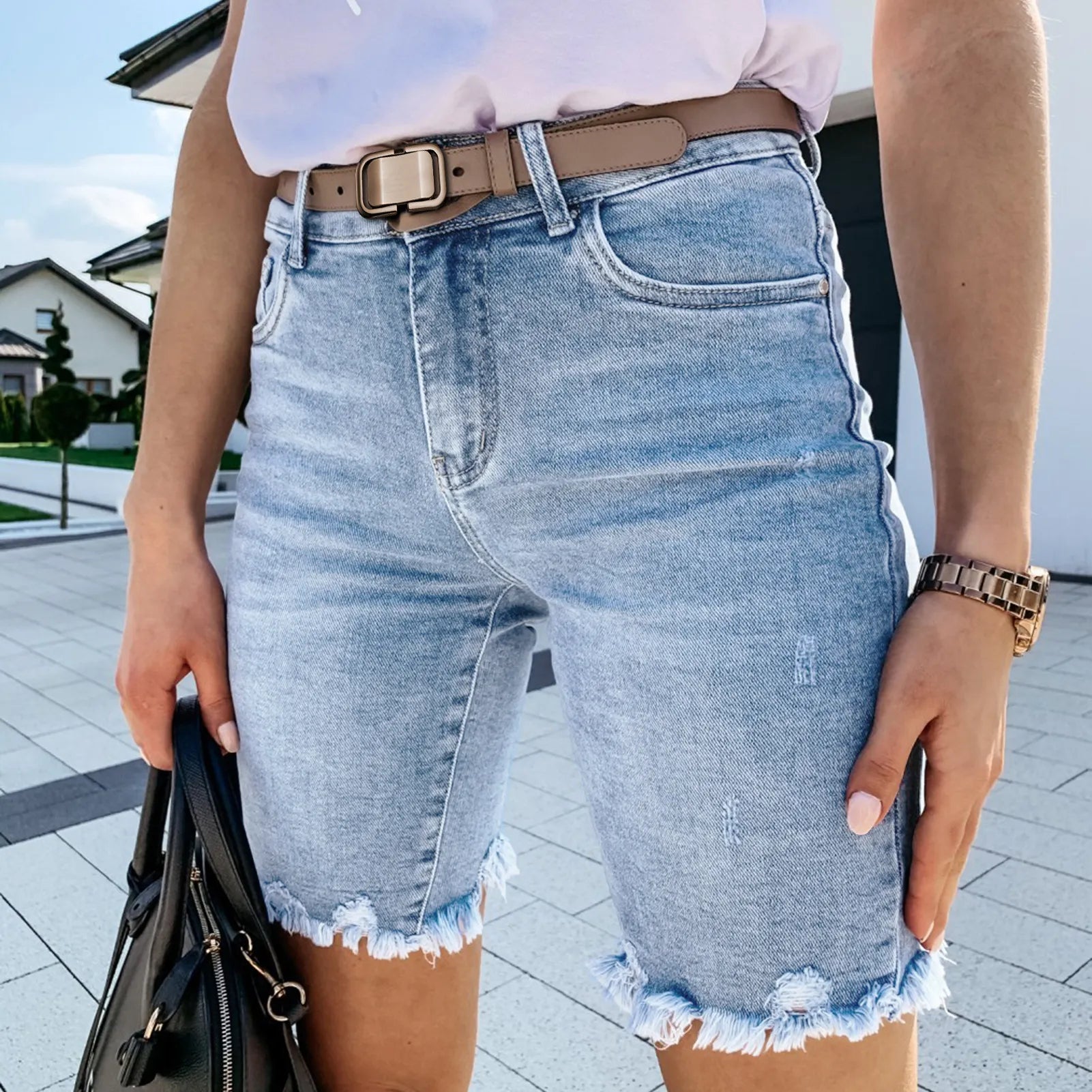 Frayed Raw Hem Denim Bermuda Shorts