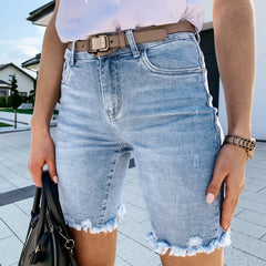 Frayed Raw Hem Denim Bermuda Shorts