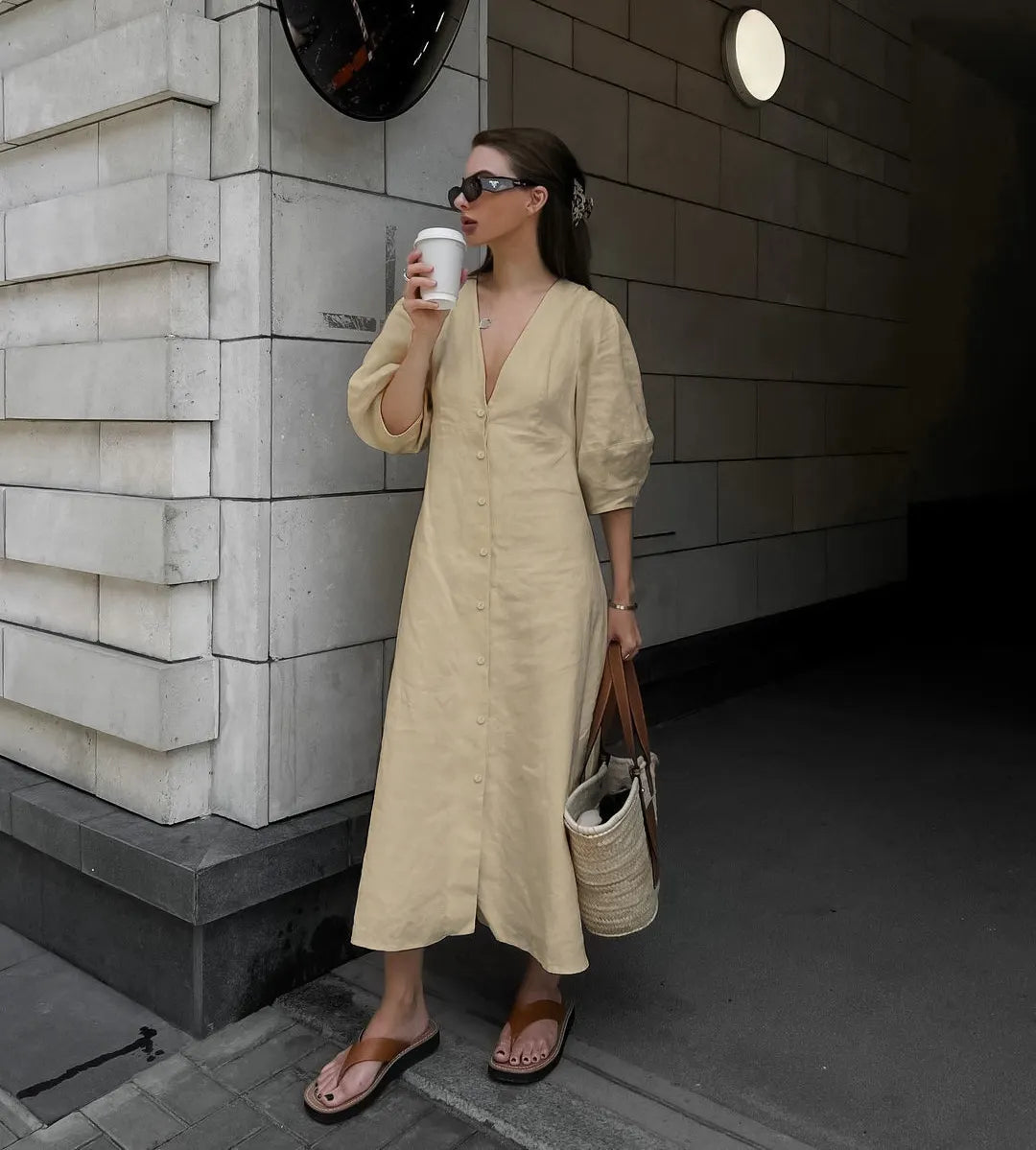 Solid V-Neck Bubble 3/4 Sleeve Single Breasted Back Tie A-Line Cotton Linen Maxi Dress