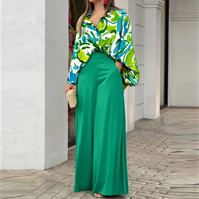 Floral Print Long Sleeve Shirt & Wide Leg Pants Two Piece Set