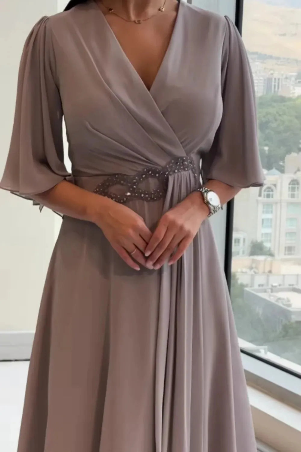 V-Neck Flared Sleeve Wrap Chiffon Maxi Dress