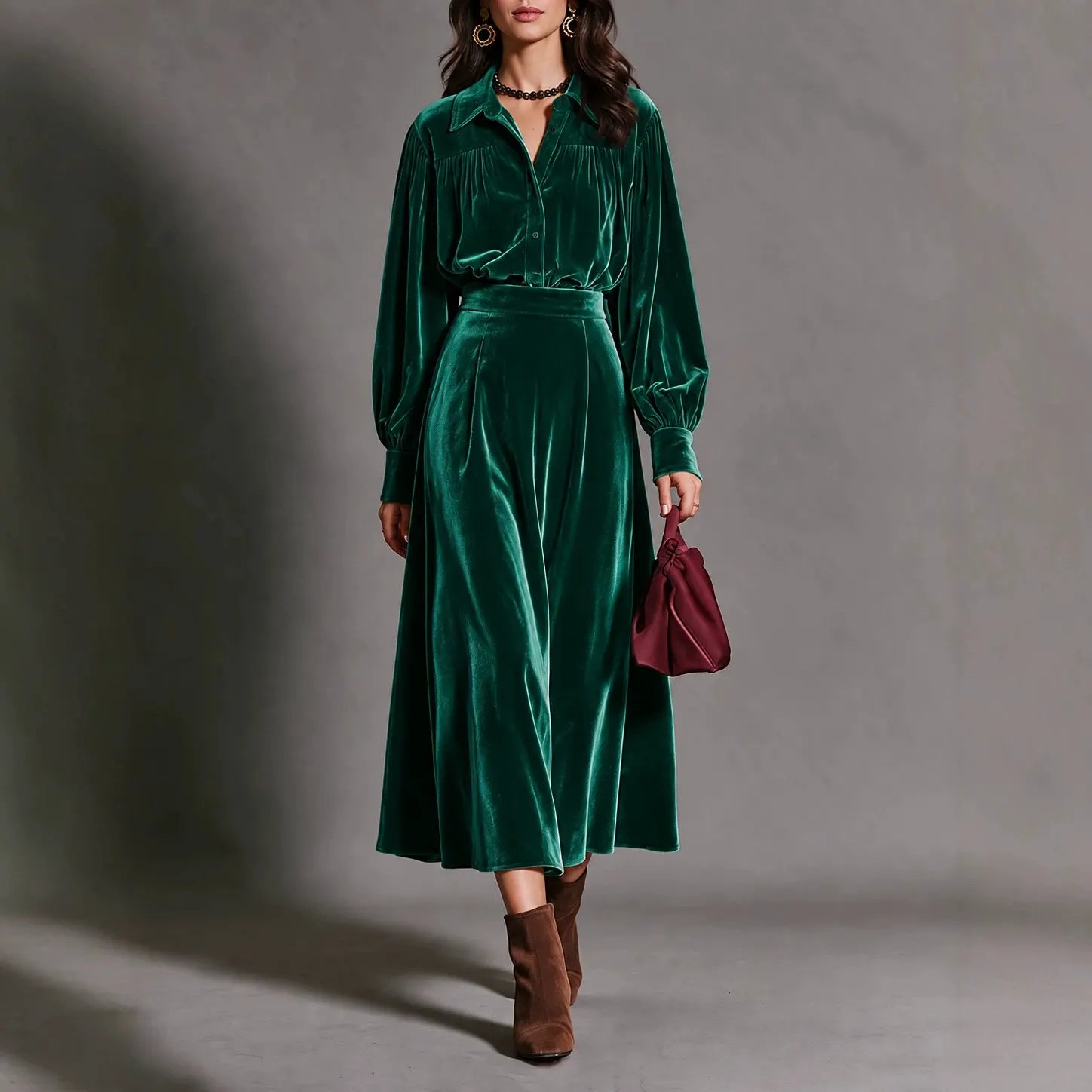 Purple Velvet Matching Set, Puff Sleeve Shirt and Flowy Midi Skirt