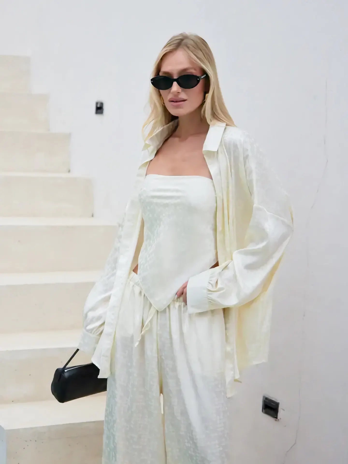 Jacquard Satin 3 Piece Set Oversized Shirt Tube Top Elastic Waist Wide Leg Pants