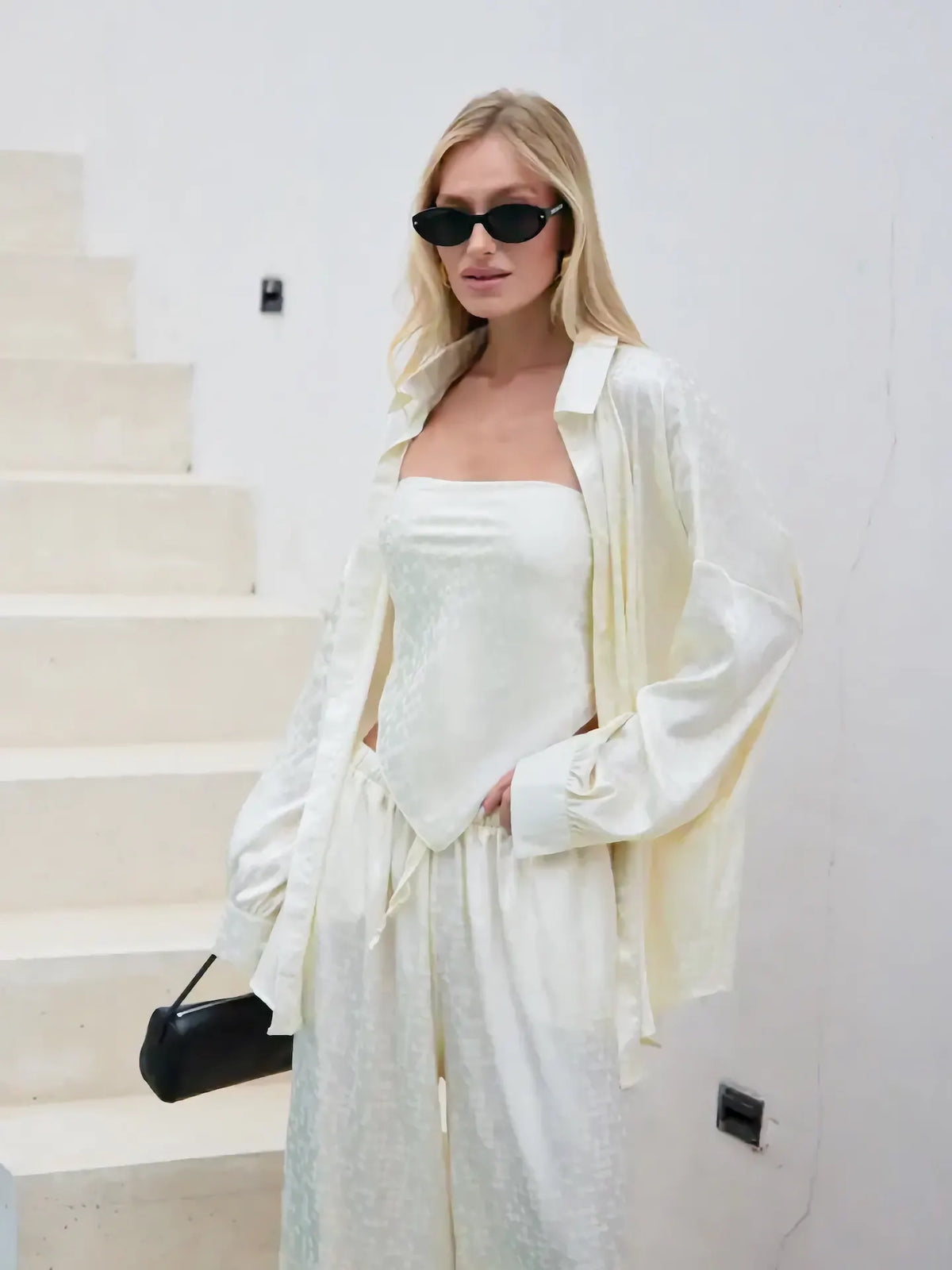 Jacquard Satin 3 Piece Set Oversized Shirt Tube Top Elastic Waist Wide Leg Pants