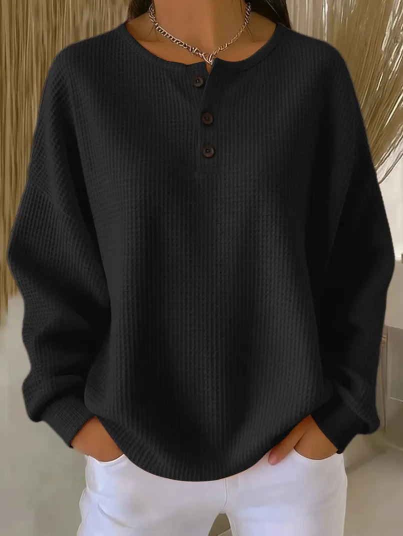 Casual Oversized Waffle Knit Top, Henley Button Neck Long Sleeve Tee