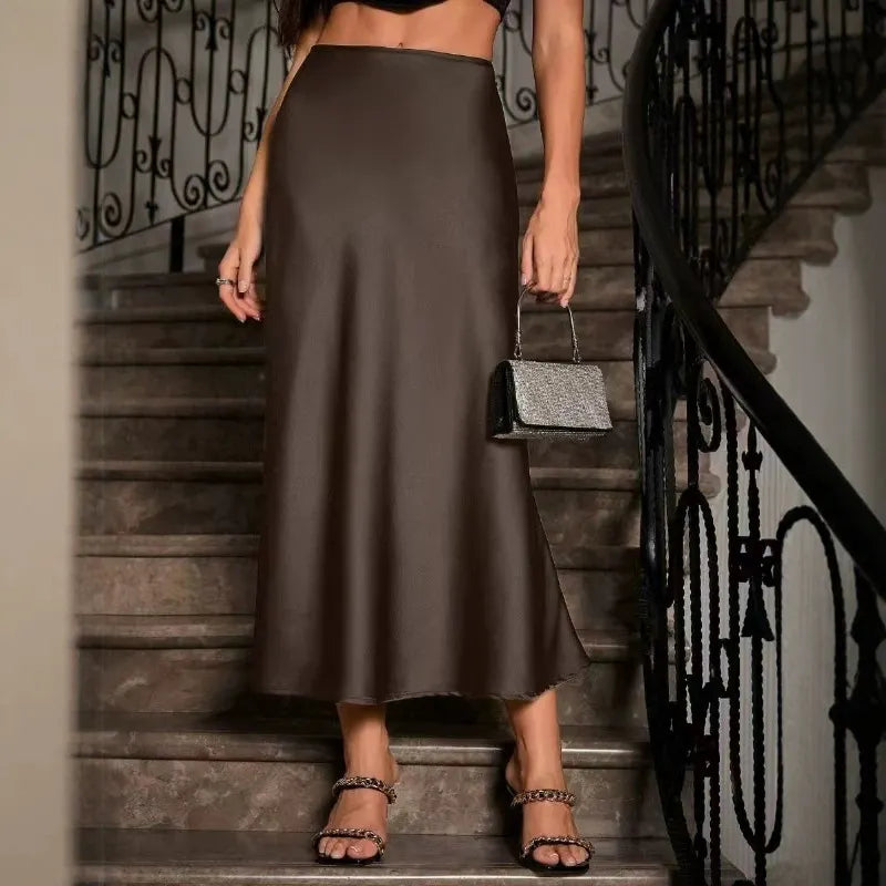 Solid Satin A-Line Midi Skirt