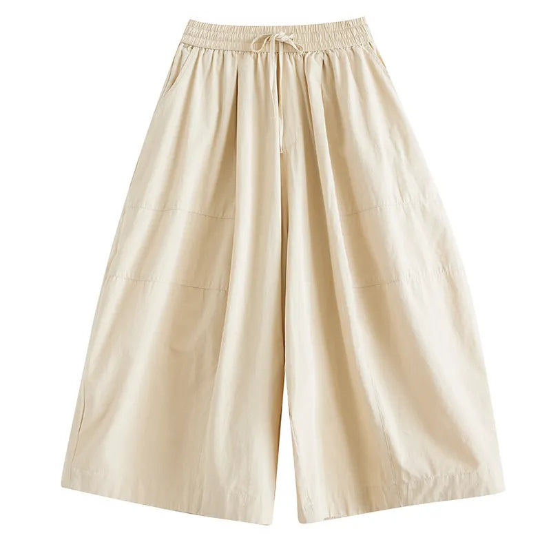 Elastic Waist Pocket Loose Wide Leg Cropped Casual Pants