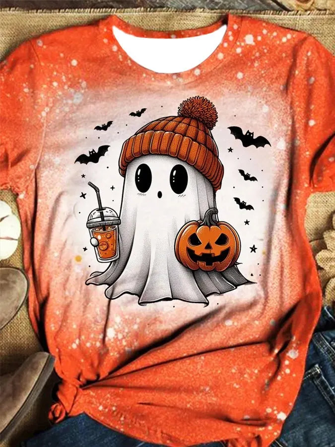 Halloween Floral Ghost Print Crew Neck Short Sleeve T‑Shirt
