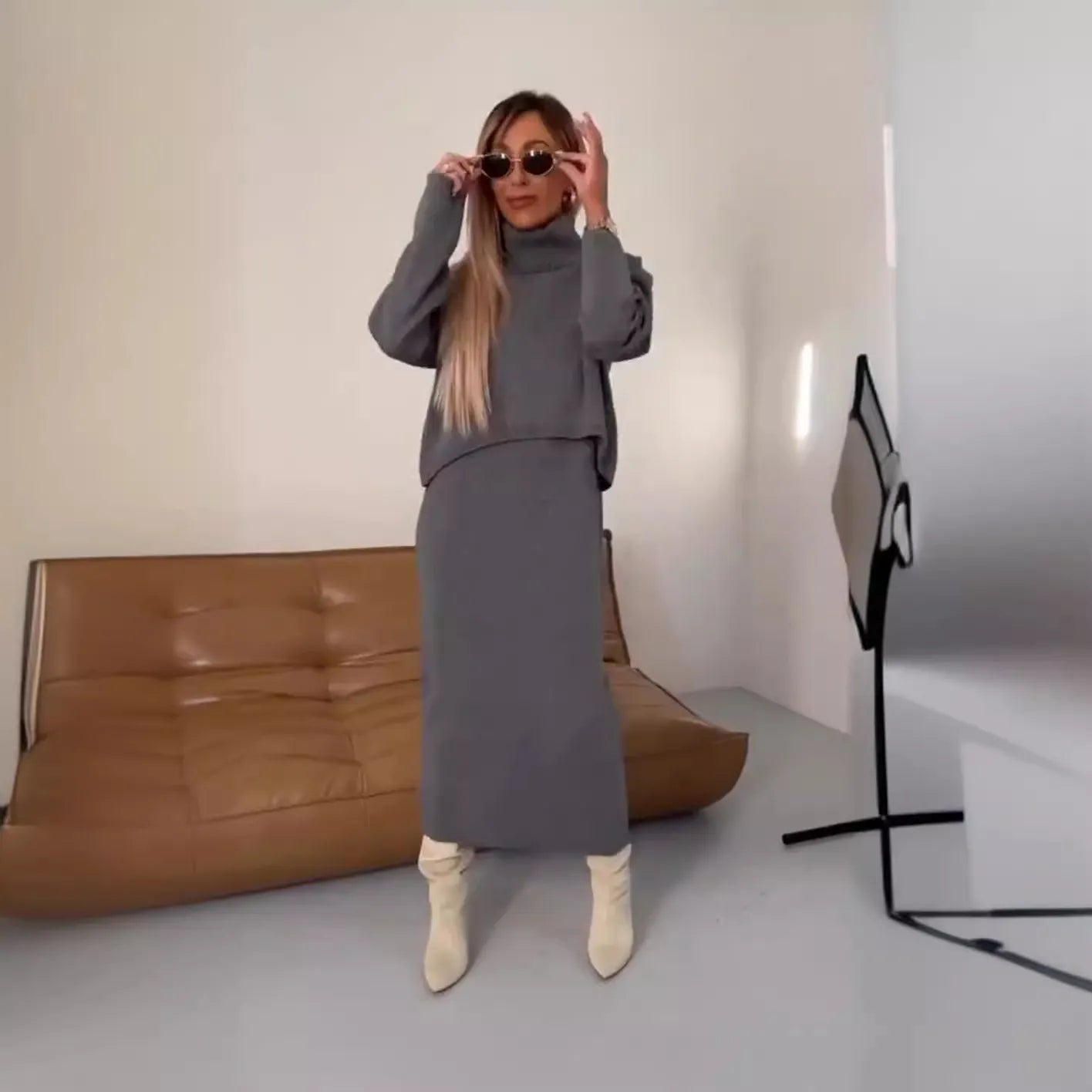 2 Piece Knit Outfit, Cream U Neck Midi Dress + Long Sleeve Knit Shrug Set