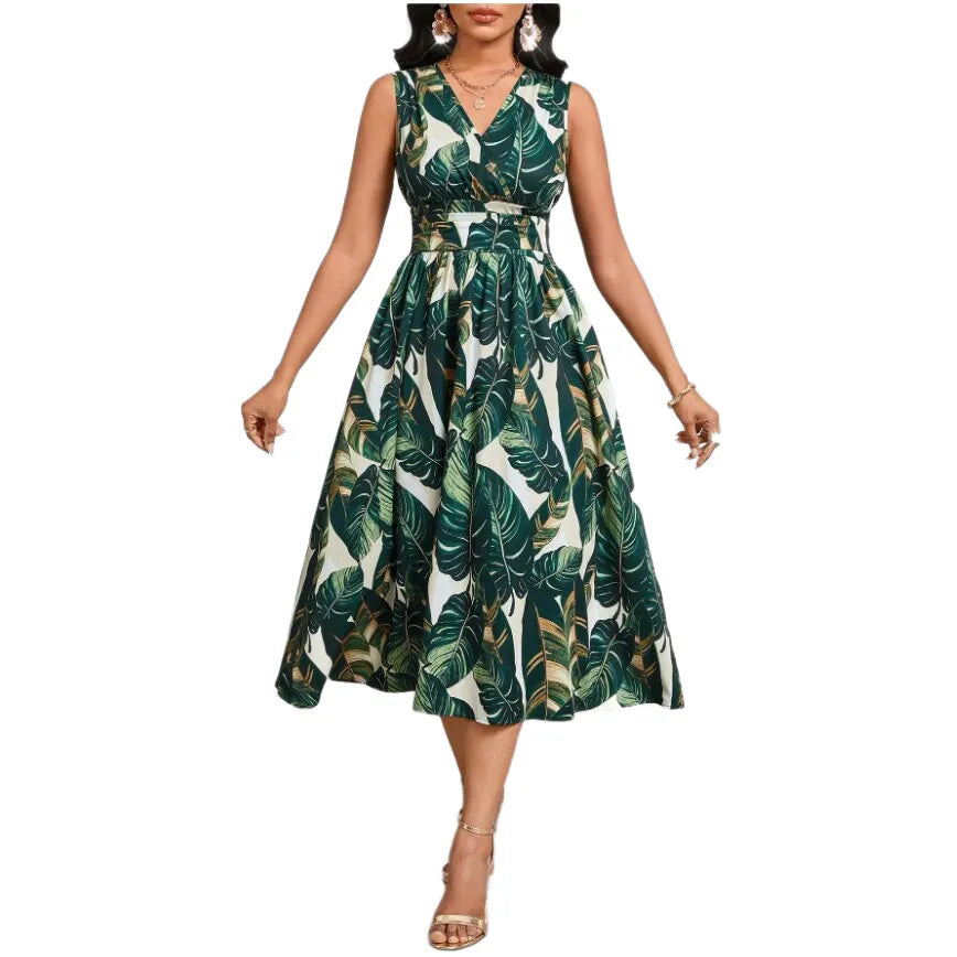 Tropical Leaf Print V-Neck High Waist Sleeveless A-Line Midi Dress