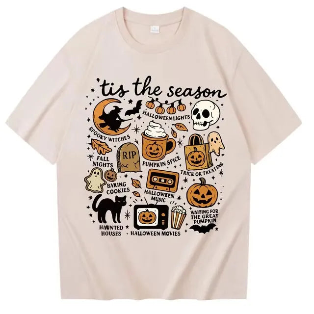 Halloween Retro Letter Graphic Crew Neck Short Sleeve T‑Shirt
