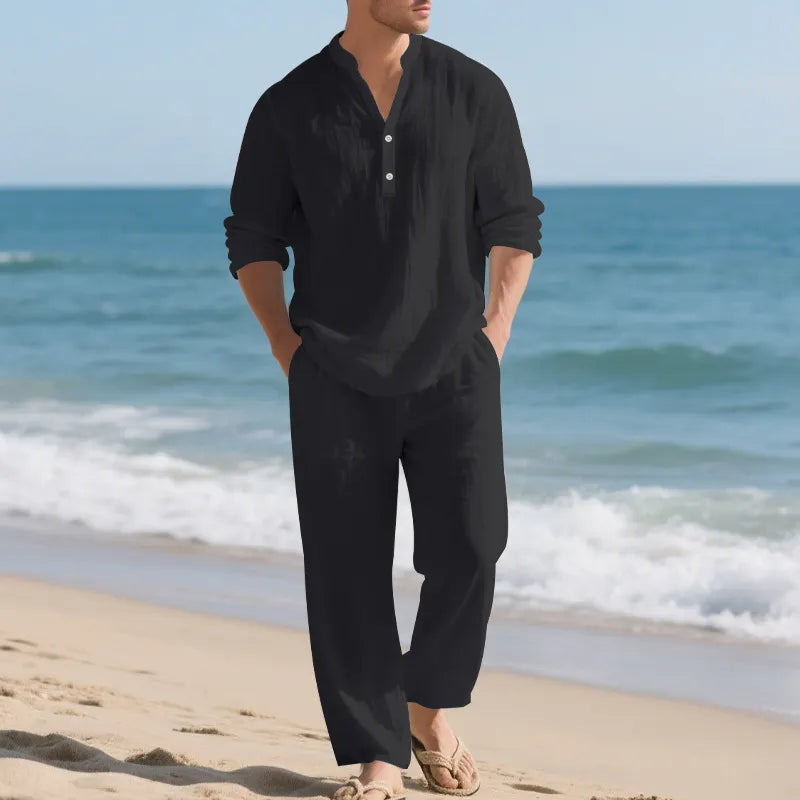 Men Stand Collar Half Button Linen Blend Long Sleeve Shirt