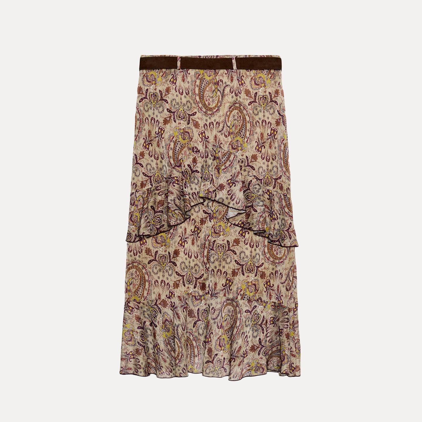 Paisley Print Ruffled Midi Skirt