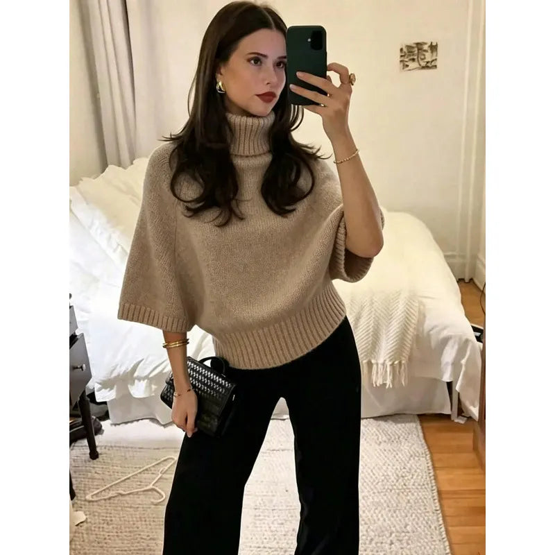 Oversized Chunky Knit Turtleneck Jumper Ladies Drop Shoulder Puff Sleeve Sweater, Long Sleeve / 5 Point Sleeve