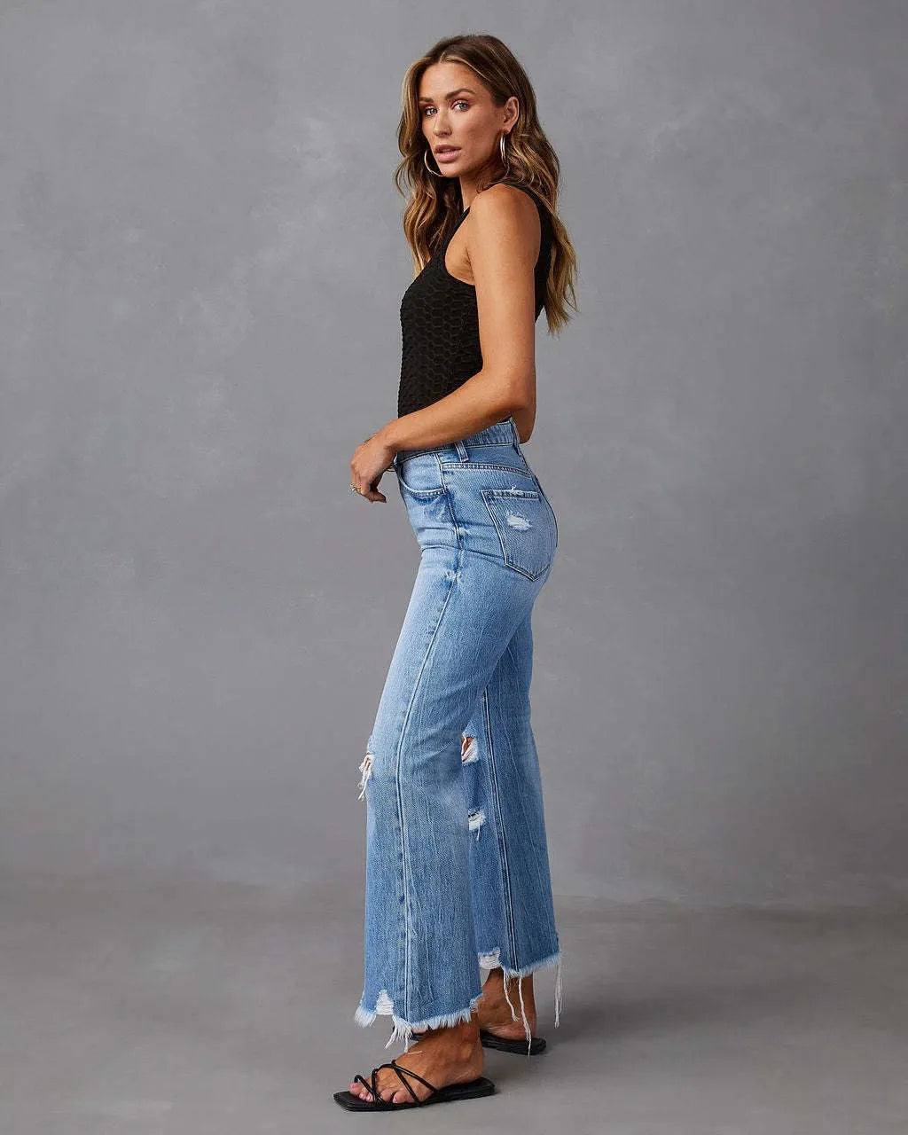 High Waist Frayed Raw Hem Distressed Denim Pants