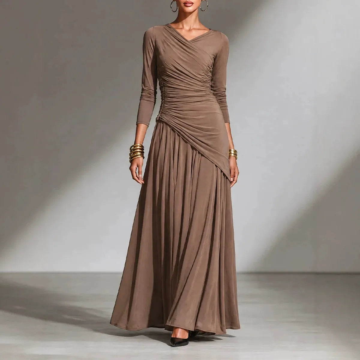 Elegant Long Sleeve Maxi Dress, Surplice V Neck Side Ruched Asymmetrical Flowy Gown
