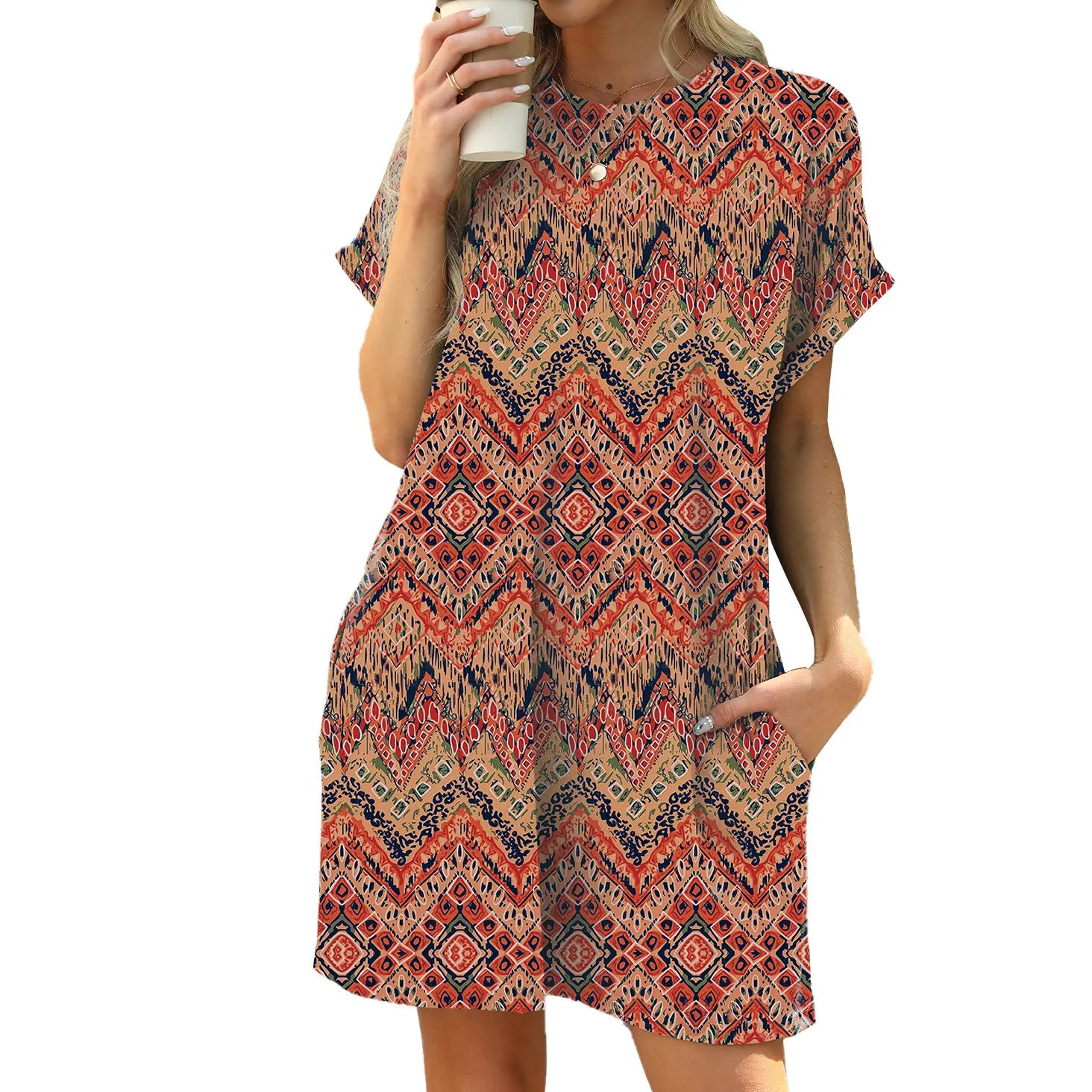 Round Neck Floral Print Loose A-Line Mini Dress With Side Pockets Casual Campus Daily Commuter Dress