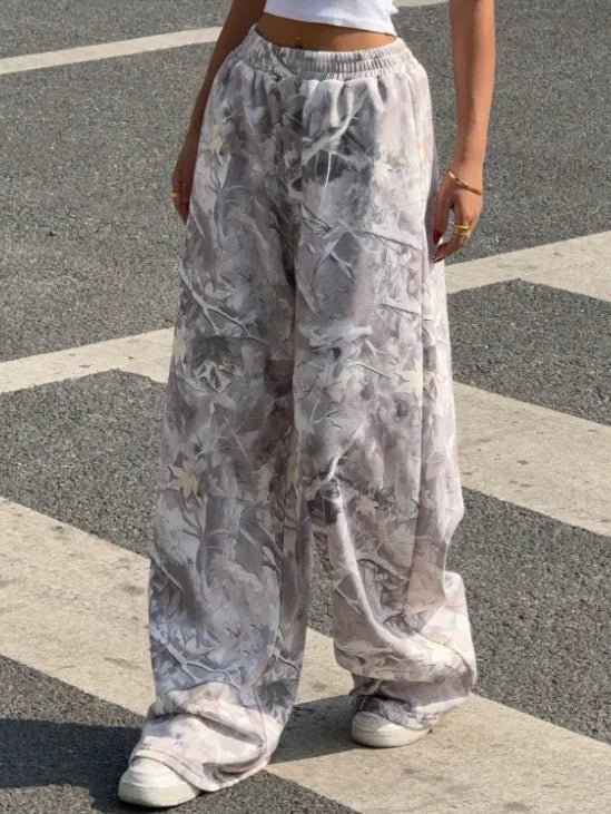 Camo Maple Leaf Print Wide Leg Pants Elastic Waist Loose Casual Trousers